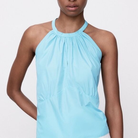Zara Halter Bow Tie Back Powder Blue Front Slit Top Size Small - Picture 2 of 9
